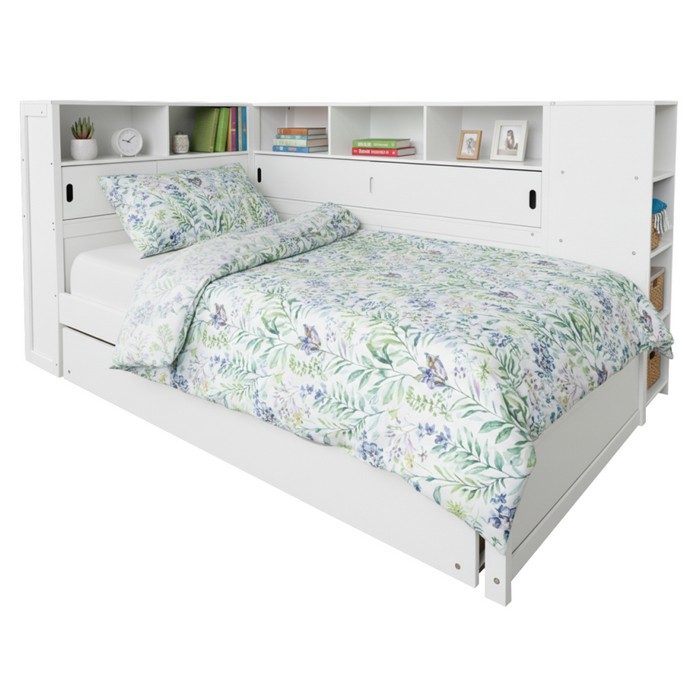 KONDELA Lendon jednolôžková posteľ s prístelkou a regálmi 90x200 biela